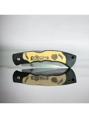 Vintage Folding Pocket Knife With Bear & Mountain Scene Handle Stainless Steel B